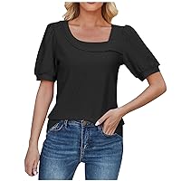 Black of Friday Deals 2024 Irregular V Neck Eyelet Tops for Women 2024 Casual Puff Sleeve T-Shirt Elegant Summer Vacation Blouses Cute Tunic Womens T Shirts Casual