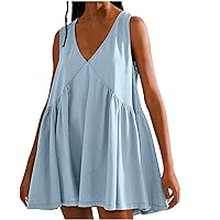 Summer Sleeveless Mini Dress for Women Casual Loose V Neck Sundress Swing Flowy Beach Dress Pleated Dresses (Medium, Light Blue)