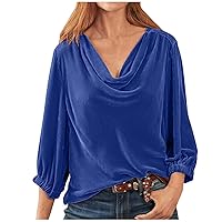 Women's Velvet Tops Casual 3/4 Sleeve T Shirts Solid Shirt Cowl Neck Drape Ruched Front Long Sleeve Blouses Tops