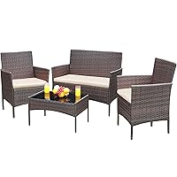 Greesum Patio Furniture 4 Pieces Conversation Sets Outdoor Wicker Rattan Chairs Garden Backyard Balcony Porch Poolside loveseat with Soft Cushion and Glass Table, Brown and Beige