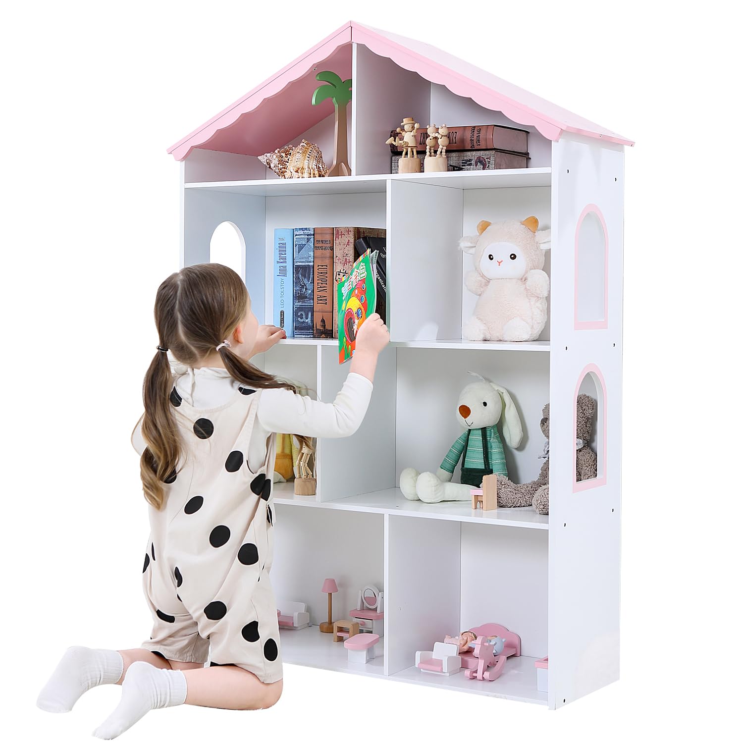 Wooden Dollhouse Bookcase Children's Bookshelf Display Storage Doll House Organizer Furniture for Kids Bedroom Playroom Nursery Kindergarten