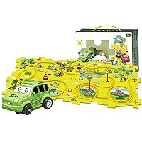 Jigsaw Car Track Puzzle Track Car Play Set 15PCS/Set DIY Assembling Electric Race Car Track Set Jigsaw with Rail Car and Road Sign Car Play Set for Kids 3+ Years Old NO Battery Dinosaur