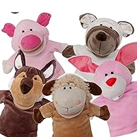 5-Piece Set Animal Hand Puppets with Open Movable Mouth/Zoo, Safari, Farm, Jungle/Rabbit, Sheep, White Dog, Pig and Wolf