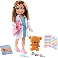 Barbie Chelsea Can Be Playset with Brunette Chelsea Doctor Doll (6-in), Clipboard, EKG Reader, Band-aid Stickers,2 Medical Tools, Teddy Bear, Great Gift for Ages 3 Years Old & Up