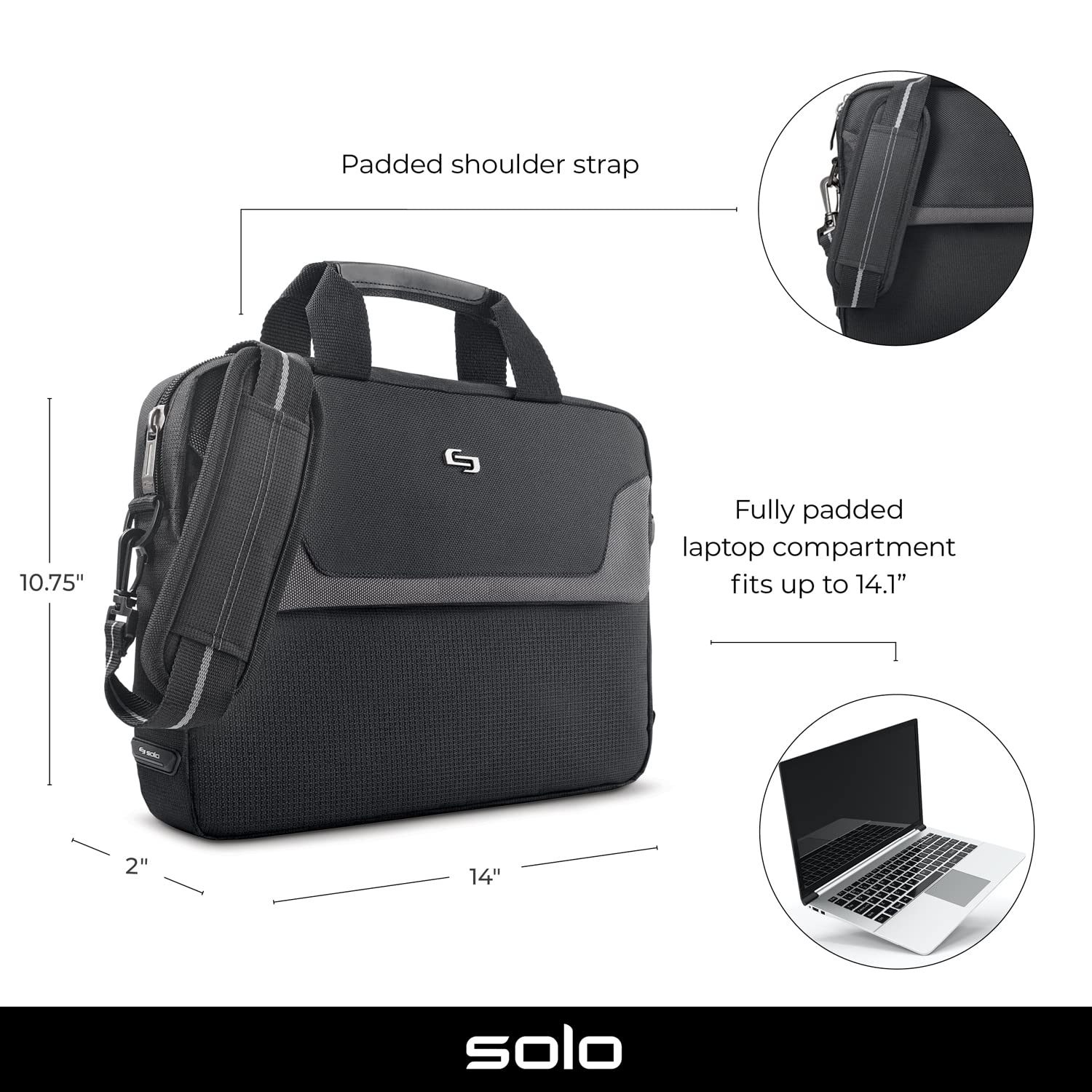 Solo Flatiron 14.1-Inch Laptop Slim Brief, Black/Grey