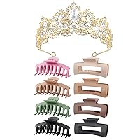 TOCESS 8 Pack Big Hair Claw Clips and Gold Crown Tiara for Women Large Claw Clip for Thin Thick Curly Hair 90's Strong Hold 4.33 Inch Nonslip Matte Jumbo Hair Clips (9 Pcs)