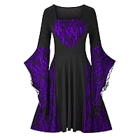 Vacation Halloween Dresses for Women Sleeve V Neck Lace Skull Midi Vintage Goth Thermal Fuzzy Dresses Women