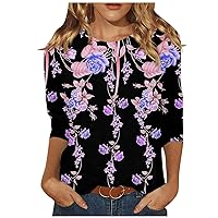 Women's 3/4 Length Sleeve Vintage Print Graphic Tees Tunic or Tops to Wear with Leggings Ladies Shirts Causal Blouses