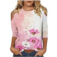 3/4 Length Sleeve Womens Tops Casual Crewneck T Shirts Novelty Printed Three Quarter Sleeve Tunic Tops Trendy Loose Blouses