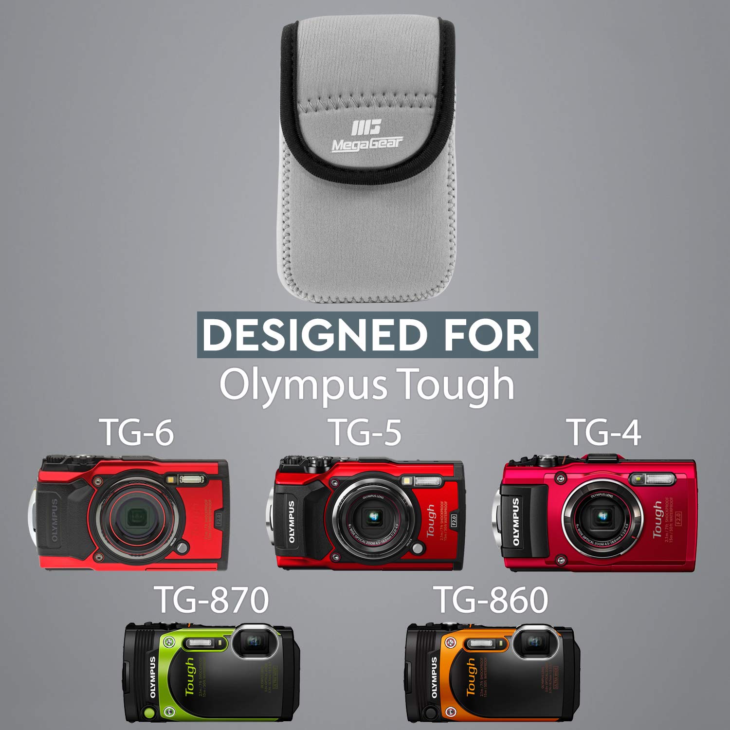 MegaGear MG795 Ultraleichte Kameratasche aus Neopren kompatibel mit Olympus Tough TG-6, TG-5, TG-870, TG-4, TG-860, grau