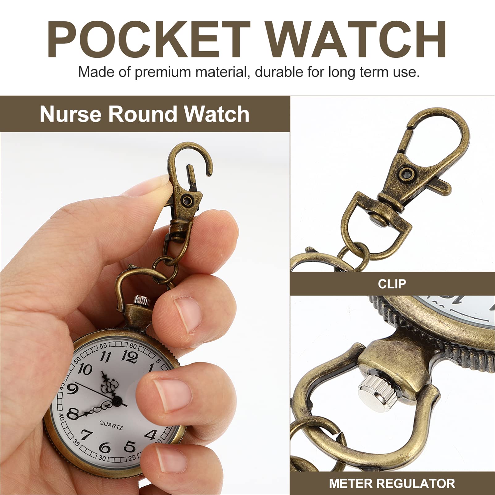 POPETPOP Clip- on Open Face Quartz Pocket Watch with Key Buckle- Unisex Fob Watch Hanging Pocket Watch Decorative