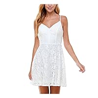 Womens White Lace Zippered Spaghetti Strap V Neck Mini Evening Fit + Flare Dress Juniors 15