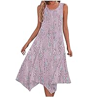 Summer Dresses for Women Floral Print Sleeveless Scoop Neck Tank Midi Dress Casual Irregular Hem Flowy Swing Beach Sundress