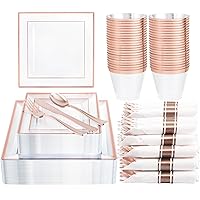 DaYammi 175 PCS Rose Gold Plastic Plates, Rose Gold Plastic Dinnerware Sets Includes: 25 Dinner Plates, 25 Salad Plates, 25 Pre Rolled Napkins with Rose Gold silverware 25 Cups 9 OZ, Perfect for Party