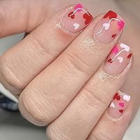 24pcs Valentine's Day Press on Nails Short Square Heart Fake Nails Heart Design Valentine's Nails with Design Red White Heart Full Cover Valentine's Day Nails Stick on Nails for Women and Girls