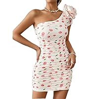 Women's Dress Cherry Print One Shoulder Ruched Bodycon Dress MCTEST