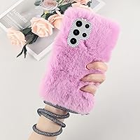 Losin Compatible with Galaxy S24 Ultra Case Cute Plush Furry Case with Glitter Lanyard Strap Bling Diamond Camera Lens Protection Soft Fluffy Shockproof Cover for Women Girls, Purple