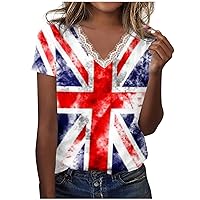 July 4th Womens American Flag Patriotic Short Sleeve Tops Summer Lace Patchwork V Neck Casual Fashion T-Shirts