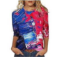 4th of July Shirts Women 3/4 Sleeve Summer Tops US Flag Printed Patriotic T Shirt Casual Stars Independence Day Tee Tops