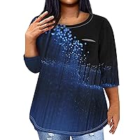Women's Plus Size Tops Plus Size Tops for Women 2024 Sparkly Casual Fashion Loose Fit Trendy with 3/4 Length Sleeve Round Neck Shirts Blue 4X-Large