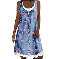 XJYIOEWT Beach Dress,Dresses for Women Beach Spring Striped Print Cute Dress Sleeveless Casual Dress Round Neck Loose T