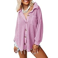 Dokotoo Womens Waffle Knit Shacket Jacket Casual Long Sleeve Button Down Shirts Dressy Blouses Tops