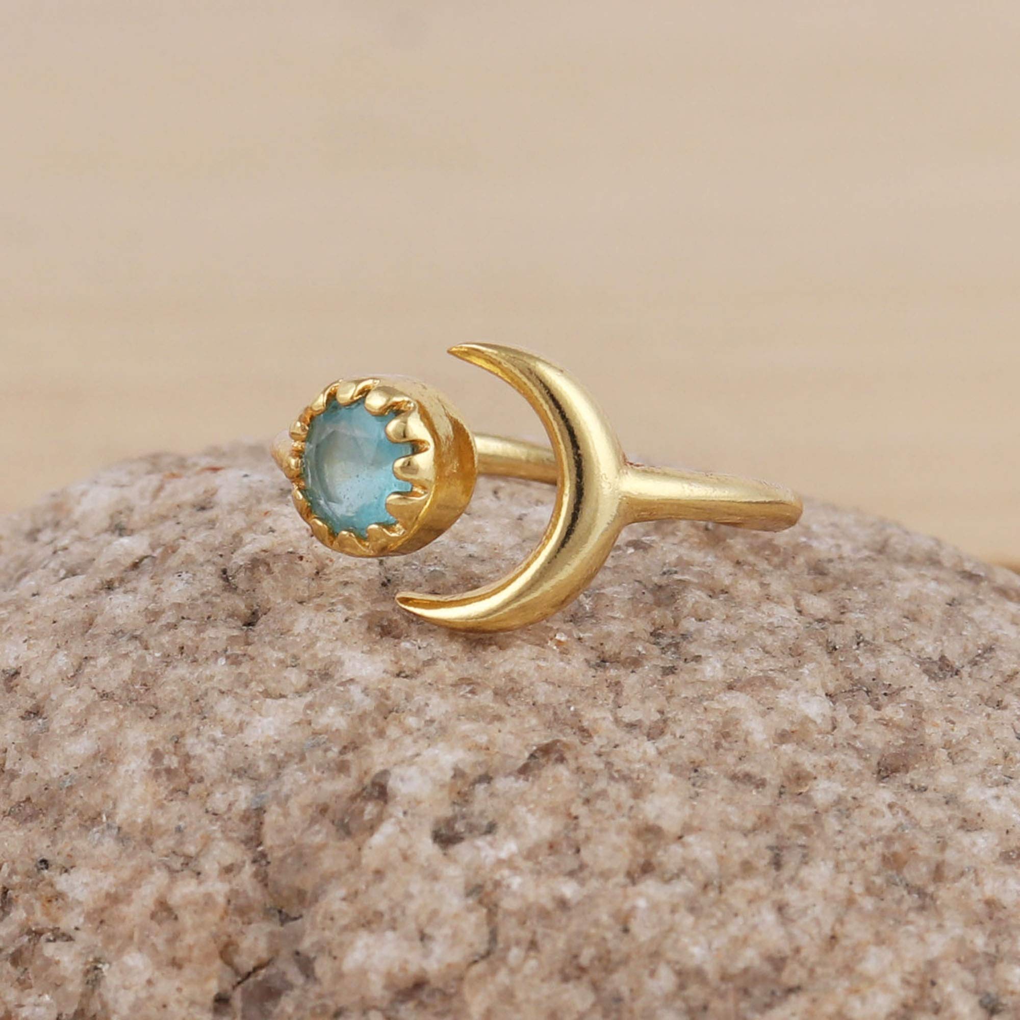 El Joyero Gold Plated Adjustable Ring | Handmade Blue Chalcedony Moon Shape | Gift For Her Ring Jewelry 1056 3F