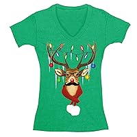 Women's Reindeer Wearing Sweater Moustache Lights Ugly Christmas V-Neck Short Sleeve T-Shirt