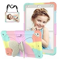iPad 9th/ 8th/ 7th Generation Case for Kids Girl with Pencil Holder, iPad 10.2 Case with Butterfly Stand Shoulder Strap Shockproof Full Body Protective Cover for iPad Air 3rd Gen, Multicolor