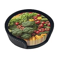 Vegetables and Fruits Coasters for Drinks Set of 6 Round Pu Leather Absorbent Coasters Housewarming Gift for Home Decor