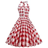 Women Vintage 1950s Retro Dress Spaghetti Strap Pink Gingham Swing Cocktail Party Dress Rockabilly A-line Midi Dress
