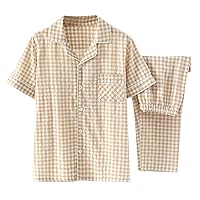 Men's 2024 Plaid Short Sleeve Shirt + Shorts 2-Piece Pajamas Set Casual Home Wear for Men Breathable Pajamas