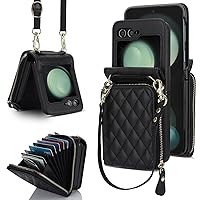 for Samsung Galaxy Z Flip 5 Wallet Case, Large Capacity for Credit Cards and Cash, Crossbody Lanyard and Wrist Straps, PU Leather, Anti-Scratch, Zipper Hinge Protection Shockproof (Black)