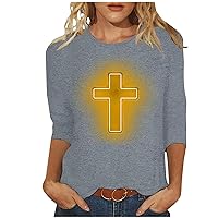Women Cross Faith 3/4 Sleev T-Shirt Printed Crewneck Casual Dressy Blouses Graphic Cute Tops Loose Fit Tunics
