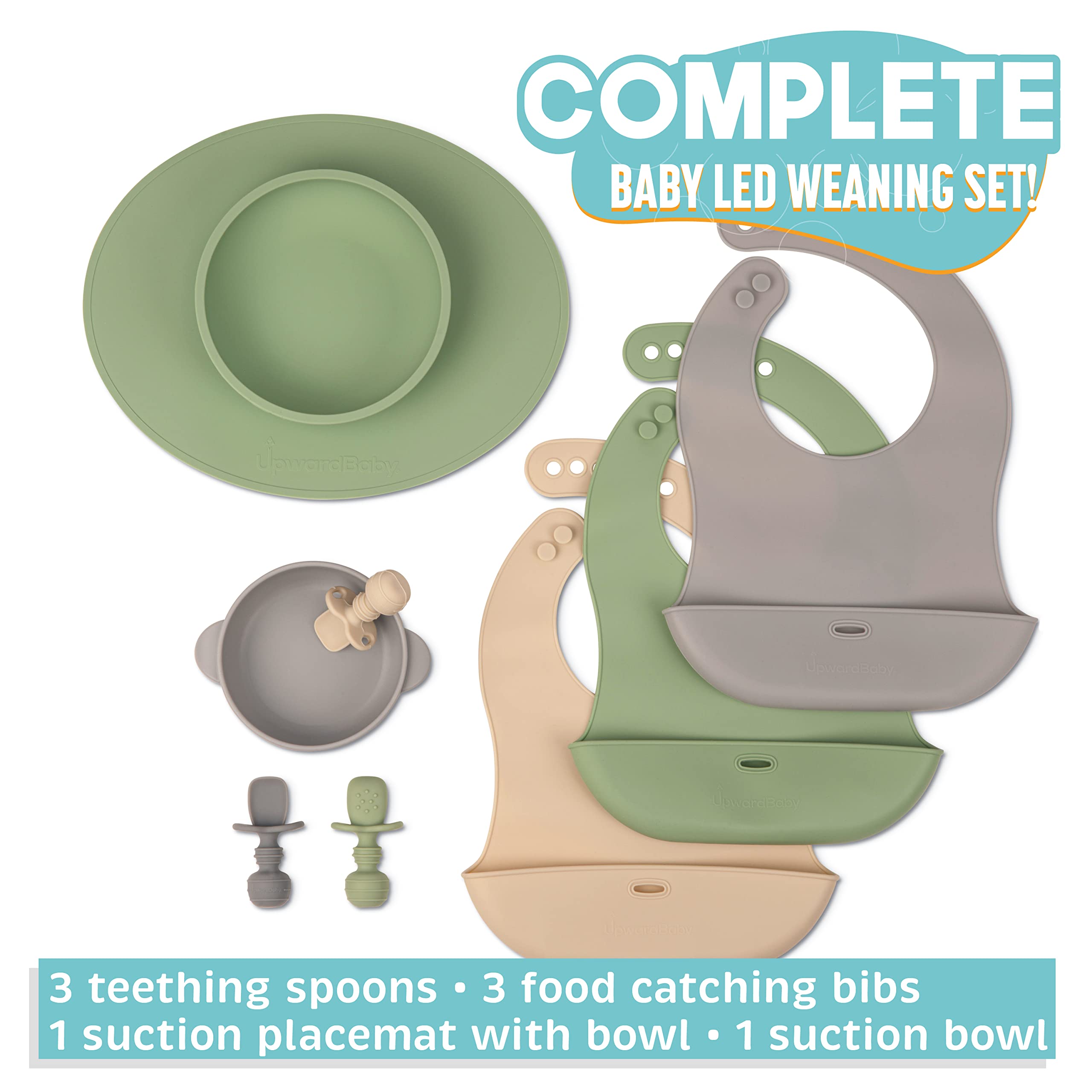 Upward Baby Led Weaning Supplies - Suction Plates for Baby - Spoons Self Feeding 6 months Suction Bowls Silicone Plates - Toddler Plates Bowls Self Eating - Infant First Stage BLW Utensils 6-12 Months