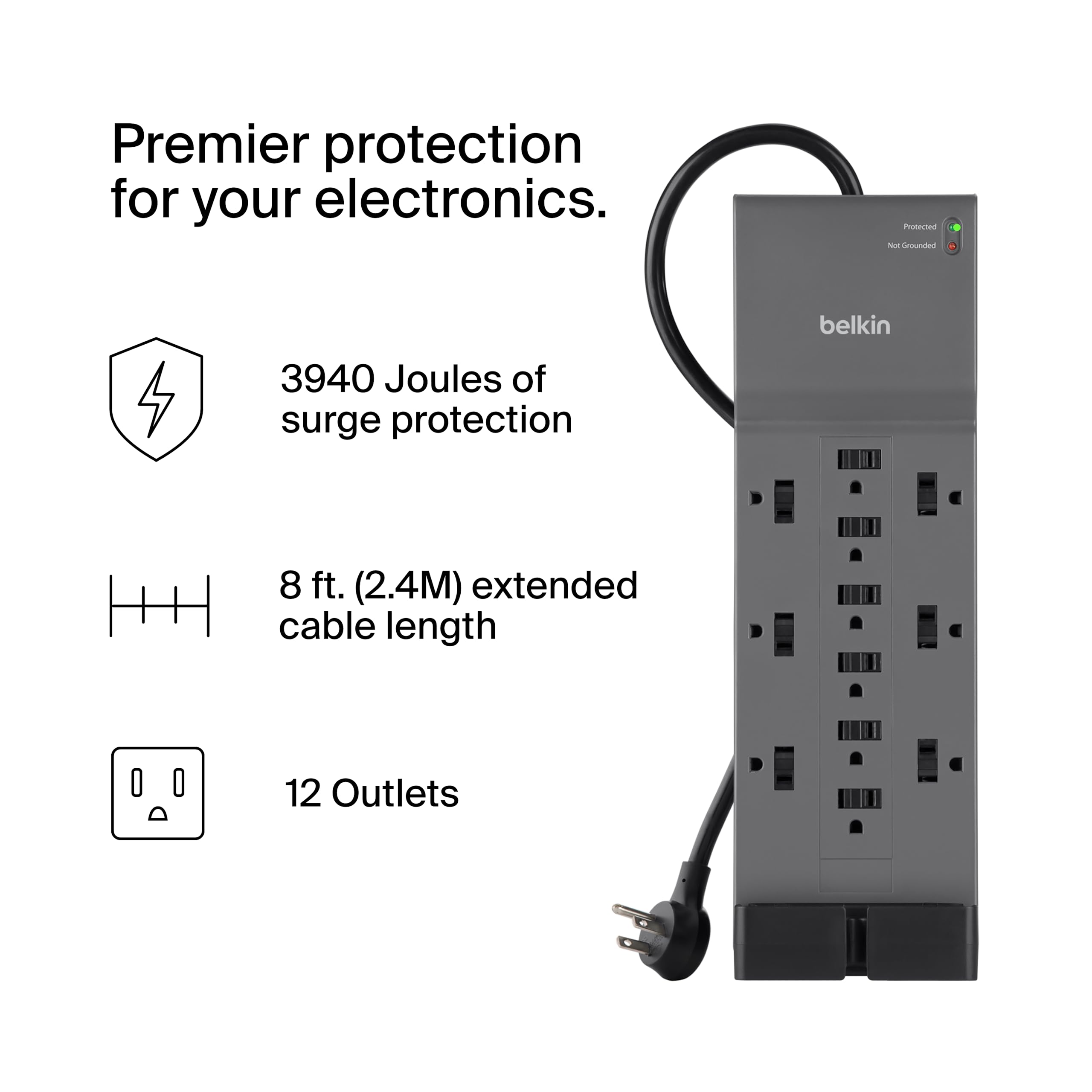 Belkin 12-Outlet Surge Protector w/ 12 AC Outlets & 2.4M Long Flat Plug Heavy-Duty Extension Cord for Home, Office, Travel, Computer Desktop, Laptop & Phone Charging Brick - 3,940 Joules of Protection