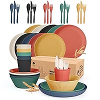 OAMCEG 42 Pcs Wheat Straw Dinnerware Sets kitchen Essentials- 10in Dinner Set Plates and Bowls for 6, Unbreakable Reusable Plastic Outdoor Camping Dishes (Colorful)