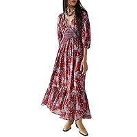 Women's Boho Flowy Maxi Dress with Puff Long Sleeve, Square Neck, Embroidered Swing, and Tiered Design