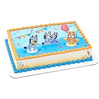 DecoSet® Bluey Dance Mode Cake Toppers, 3 Piece Cake Decoration With Bluey And Bingo Figurines and Muffin & Socks Poly Pic, For Birthday, Parties, Celebration