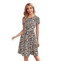 Fall Dresses for Women 2023 Leopard Print Round Neck Dress Dresses for Women (Color : Multicolor, Size : Medium)