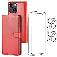 [5 in 1] for iPhone 14 Case Wallet with Card Holder,PU Leather Case RFID Blocking Stand Cover Magnetic Case with 2X Screen & 2X Camera Lens Protector, Shockproof Flip Phone Case 6.1 inch(Red)