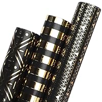 Ribbli Birthday Wrapping Paper Black and Gold Gift Wrapping Paper for Men Fathers Day Husband Boyfriend Mini Roll, 3 Rolls Stripe Geometry Pattern - 17 inch x 120 inch(10feet) Per Roll