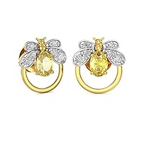 Oval Cut Peridot & White Diamond Bee Stud Earring for Women's 925 Sterling Silver 14K Yellow Gold Finish
