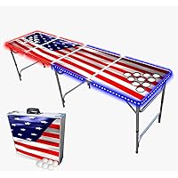 PartyPong 8-Foot Professional Beer Pong Table w/Cup Holes, LED Lights & Pong Balls - America Edition