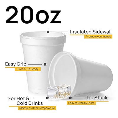 20 Oz Disposable Foam Cups (50 Pack), White Foam Cup Insulates Hot & Cold  Beverages, Made in the USA, To-Go Cups - for Coffee, Tea, Hot Cocoa, Soup