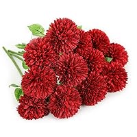 Floweroyal 12pcs Artificial Chrysanthemum Ball Flowers Silk Hydrangea Bridal Wedding Bouquet for Home Garden Party Office Coffee House Decoration (Red).