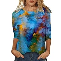 Women's Tshirts, Fitted T Shirts for Women Spring Blouses 2023 Ladies Tops and Blouses Short Sleeve Women's Fashion Casual Three Quarter Print Round Neck Pullover Top Blouse (M, Royal Blue)