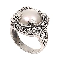 NOVICA Artisan Handmade Mabe Cultured Freshwater Pearl Cocktail Ring .925 Sterling Silver Floral Motif White Indonesia Birthstone 'White Lunar'