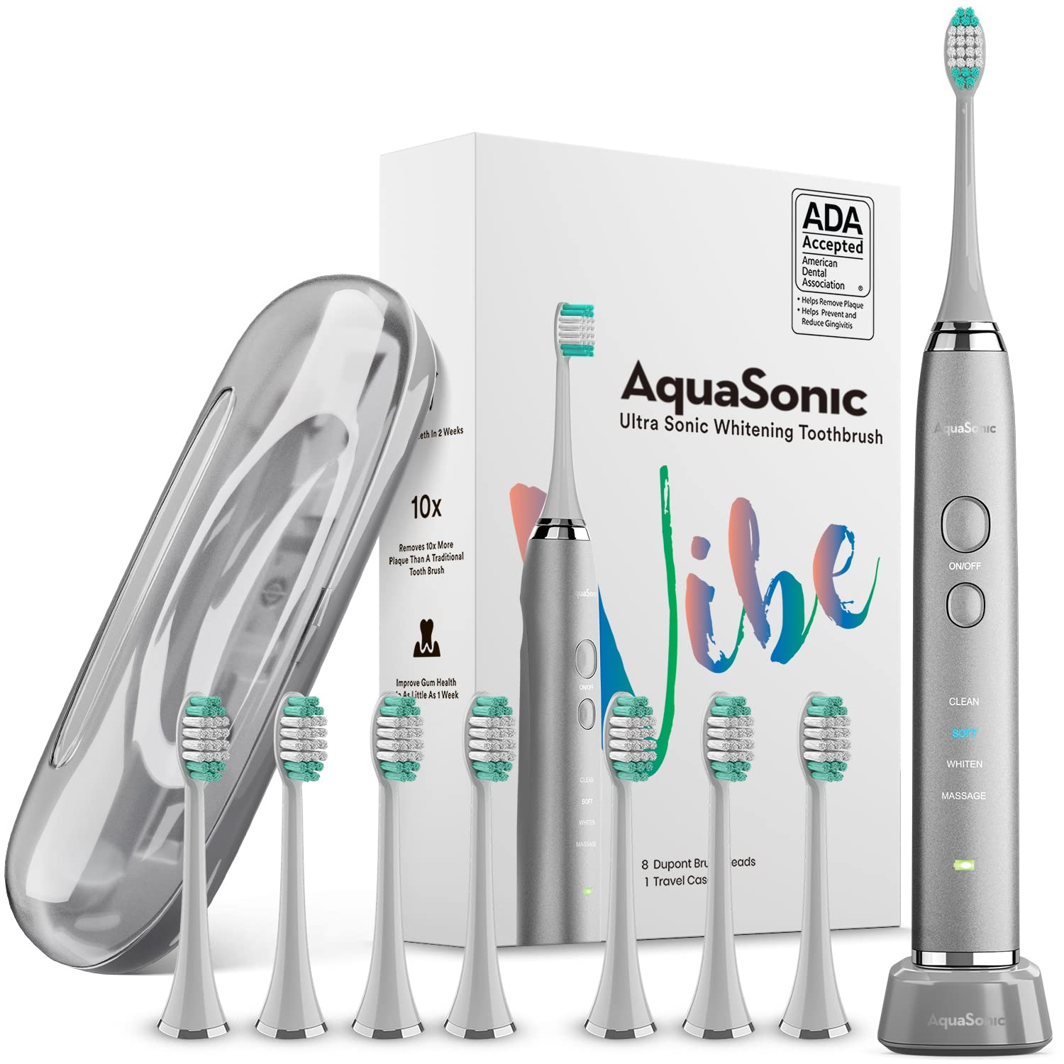 Aquasonic Vibe Series Ultra Whitening Toothbrush 2-Pack of Refresh & Protect Day Toothpaste