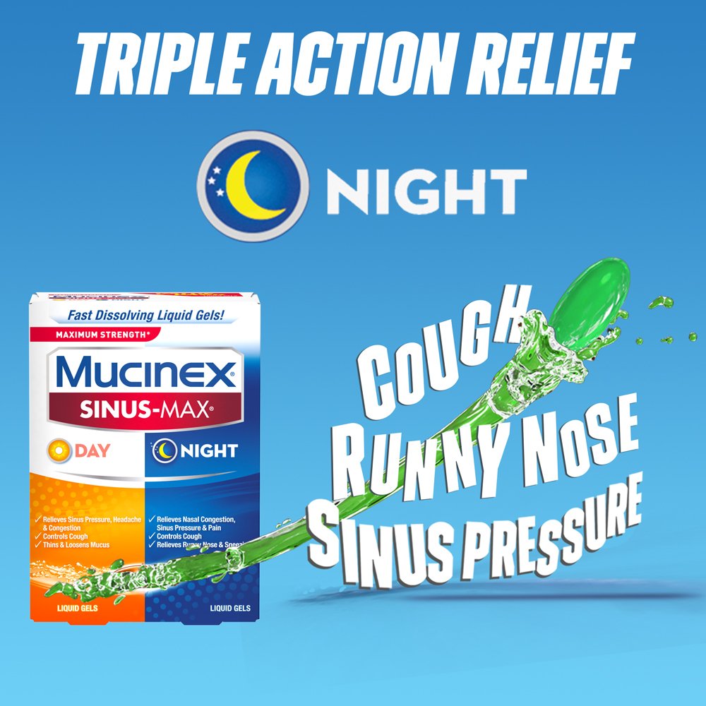 Mucinex Sinus-Max Max Strength Day & Night Liquid Gels (24ct) Relieves Sinus Pressure and Congestion, Headaches, Pain, Runny Nose, Sneezing, Thins and Loosens Mucus, Controls Cough (Pack of 4)